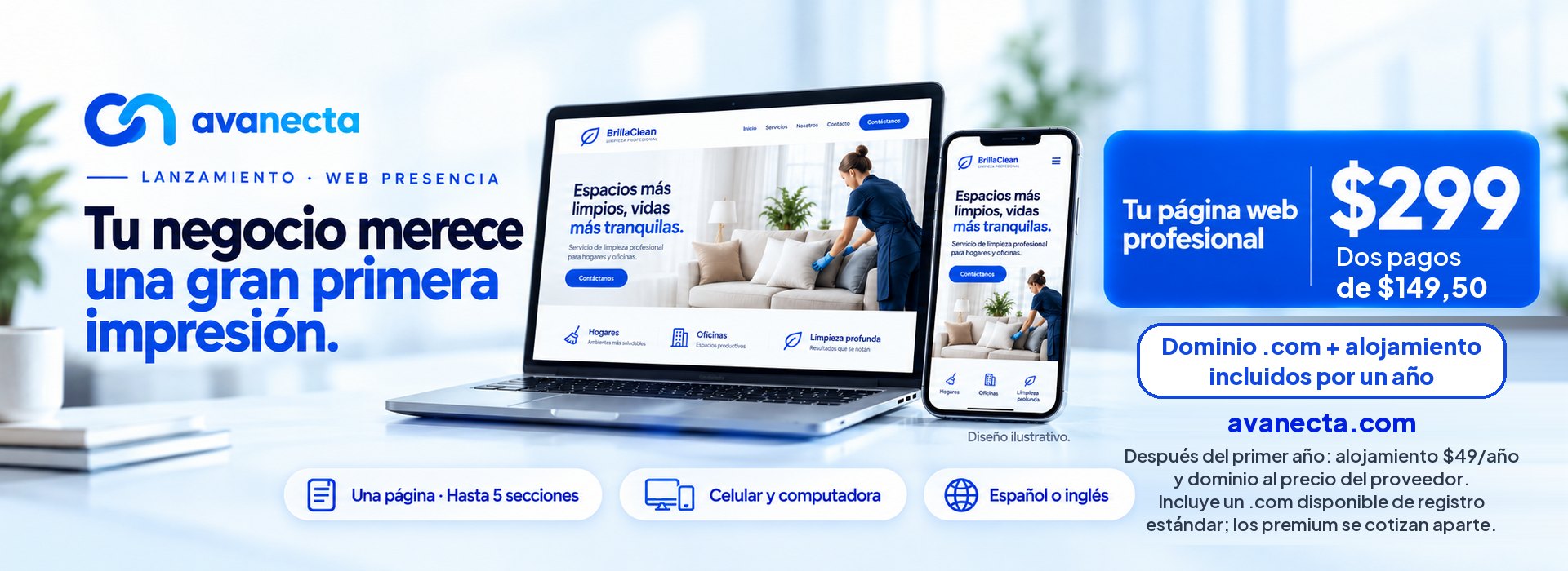 Web Presencia de Avanecta: página web por $299 con dominio .com y alojamiento del primer año incluidos
